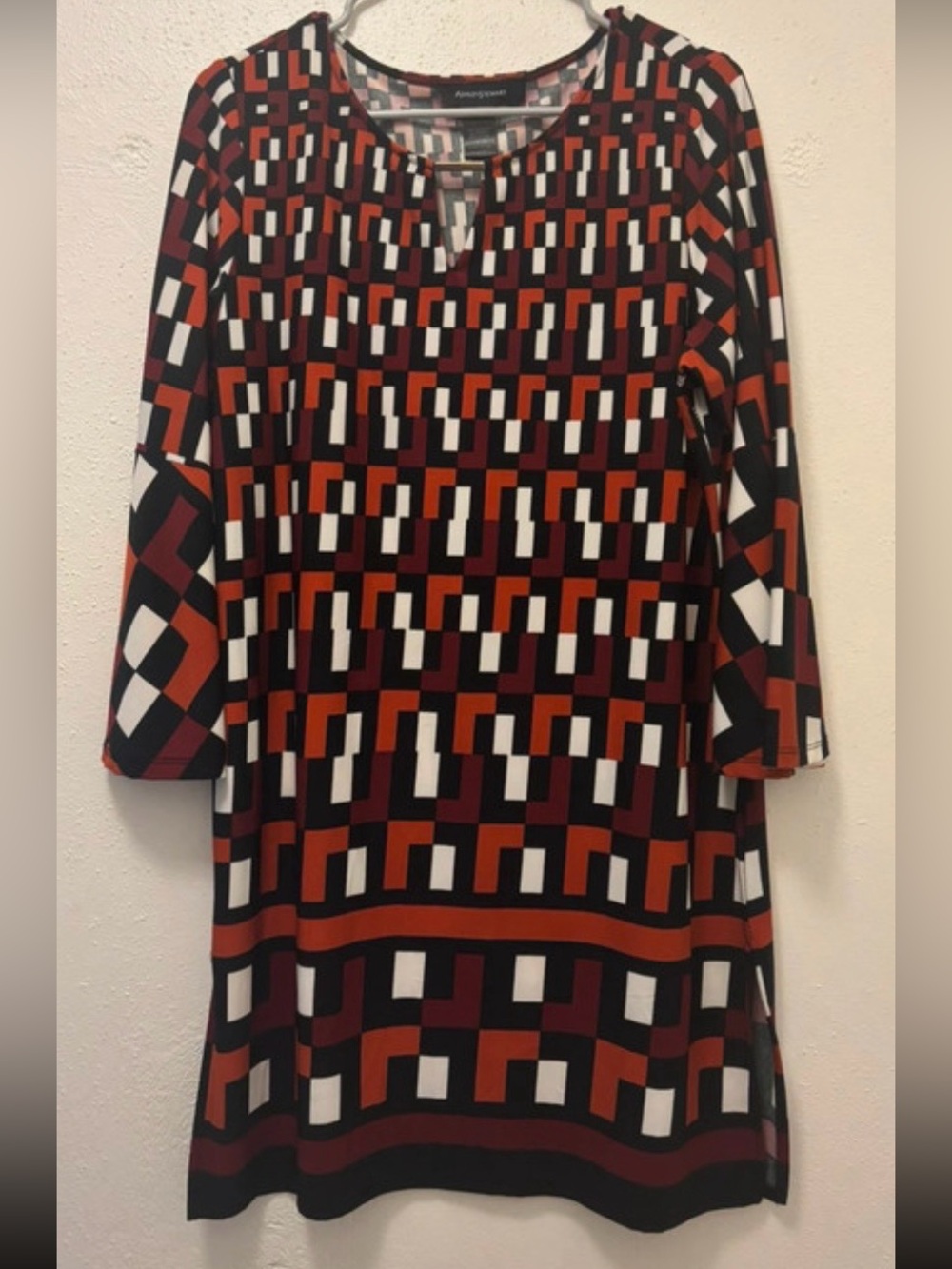 Ashley Stewart Geometric Long-Sleeve Shift Dress in Burgundy, Rust & White
